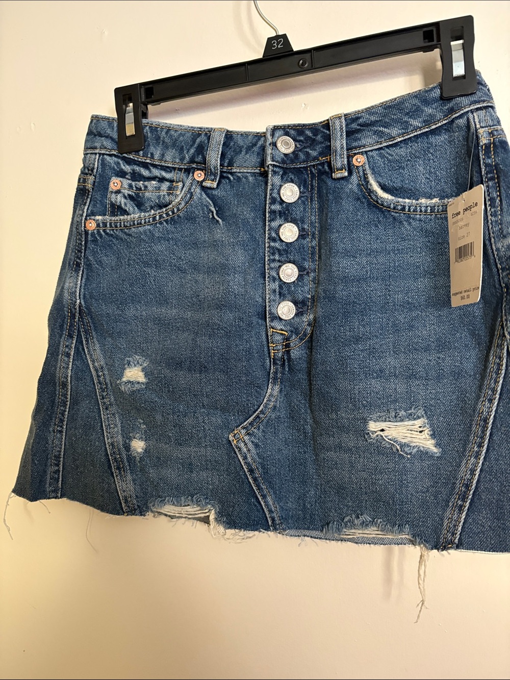 Free People Distressed Button-Front Denim Mini Skirt - Blue